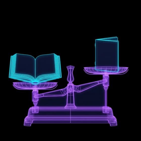 Drahtgitter-Darstellung einer Balkenwaage – die linke Schale mit einem dicken aufgeschlagenen Buch steht tief, die rechte mit einem dünnen Heft steht hoch; Symbolbild für Gewährleistung und Garantie